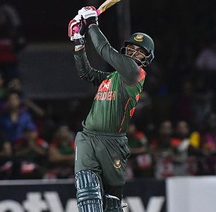 Opener Tamim Iqbal hits out during his top-score of 74 in the second Twenty20 International against West Indies at Central Broward Regional Park Stadium here Saturday. (Photo courtesy CWI Media) 