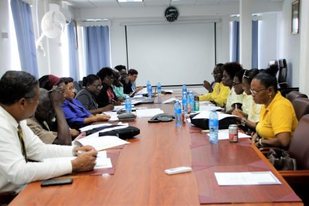 The Ministry of Education (left) and the Guyana Teachers Union met again yesterday to discuss the Teachers Multi-Year agreement. There was no progress on wages. (Ministry of Education photo)