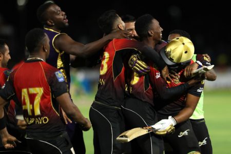 Trinbago Knight Riders celebrate victory during the Hero Caribbean Premier League match between Jamaica Tallawahs and Trinbago Knight Riders at Central Broward Regional Park on Sunday in Fort Lauderdale, United States. (Photo by Ashley Allen - CPL T20/Getty Images)
