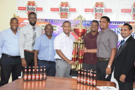 Some of the sponsors and organizers of the 2018 Guyana Cup pose for a photo at the launch recently at Thirst Park.