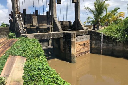 The koker at Golden Fleece, Essequibo Coast, which received a temporary fix on Monday night
