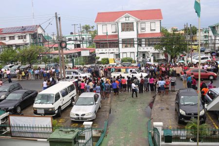 Scores of teachers outside of the Ministry of Education yesterday morning on Brickdam protesting government’s reluctance to offer a better package for teachers. (Terrence Thompson photo)
