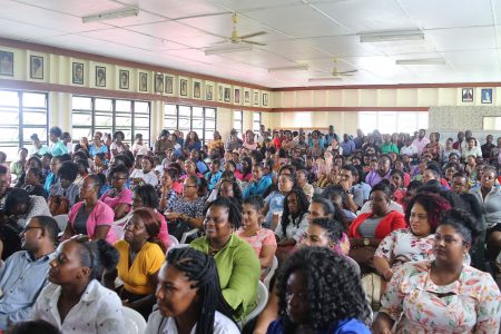 The teachers who congregated at the Guyana Teachers’ Union headquarters yesterday afternoon for a meeting with the union executive. (Terrence Thompson photo)