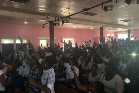 The crowd cheering on as General Secretary of the Guyana Teachers’ Union, Coretta McDonald  made her remarks at the meeting in the packed Mackenzie High School auditorium
