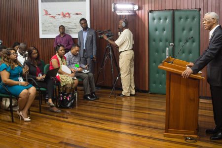  Meeting the press: President David Granger addressing reporters during a press conference yesterday at the Ministry of the Presidency. It was the third press conference hosted by the president since assuming office in May, 2015. (Department of Public Information photo)