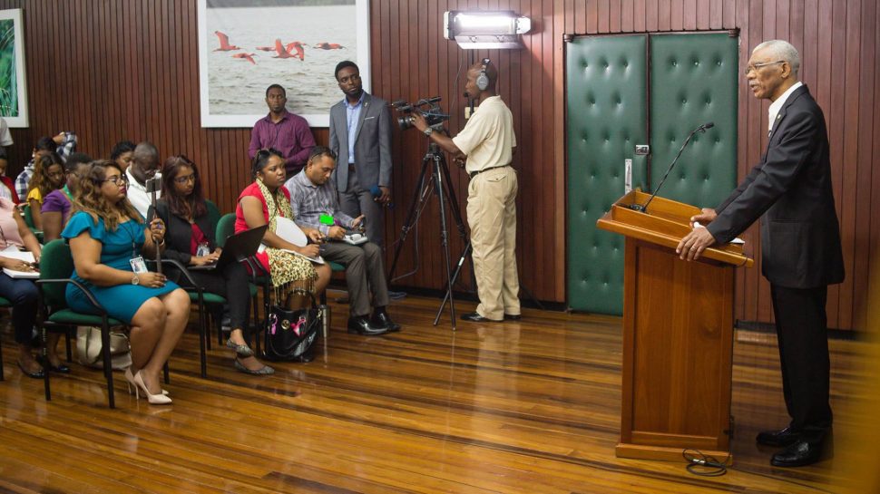  Meeting the press: President David Granger addressing reporters during a press conference yesterday at the Ministry of the Presidency. It was the third press conference hosted by the president since assuming office in May, 2015. (Department of Public Information photo)