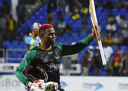 Fabian Allen of St Kitts & Nevis Patriots celebrates winning match 26 of the Hero Caribbean Premier League between St Kitts & Nevis Patriots and Barbados Tridents at the Warner Park Sporting Complex on Tuesday. (Photo by Randy Brooks - CPL T20/Getty Images) 