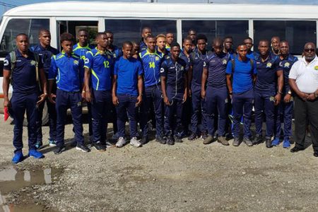 The Barbados senior national football team pose for the photo following their arrival at the Eugene F. Correira International Airport. 