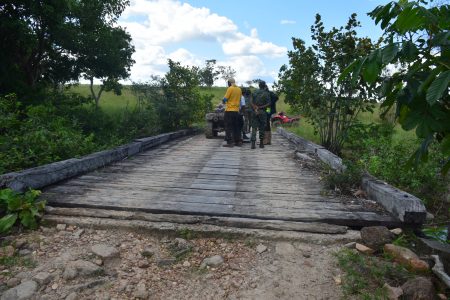 Commander, Engineer Corps, GDF, Colonel Gary Beaton and his team inspect one of the bridges between Karaudarnau to Baishaidrum which will be upgraded. (DPI photo)