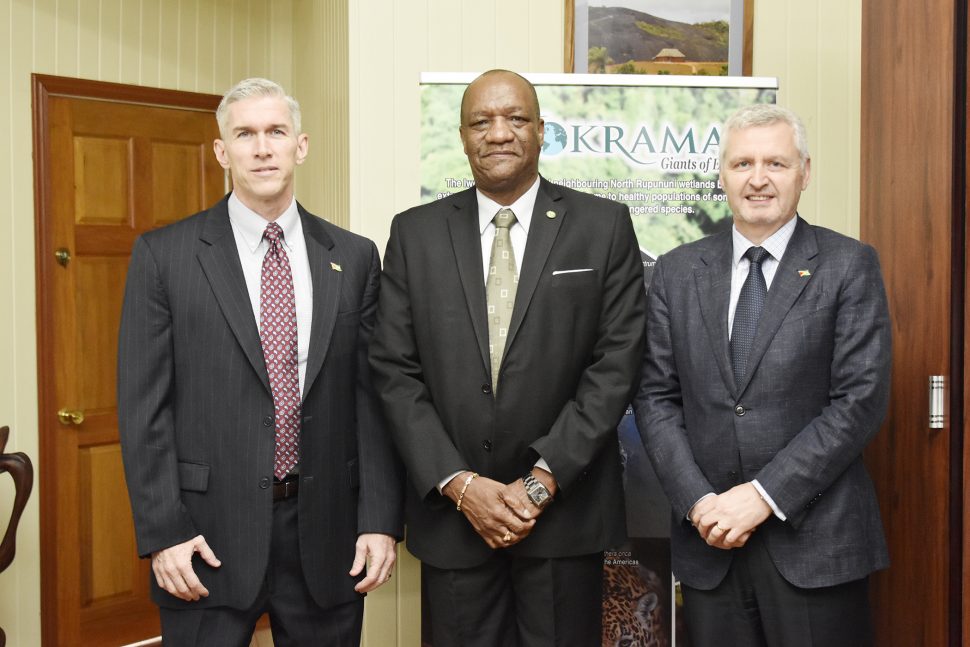 From left are Country Manager of ExxonMobil Guyana,  Rod Henson; Minister of State, Joseph Harmon and Executive Vice President at Exxon Mobil Exploration Corporation, Mike Cousins. (Ministry of the Presidency photo)