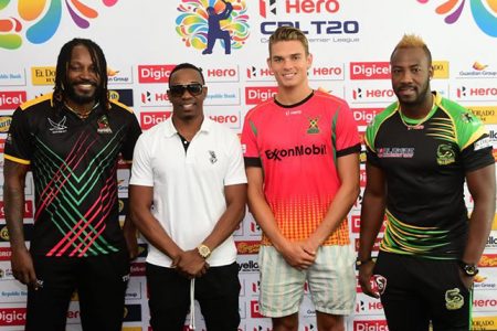 (L-R) The final four! Chris Gayle (St. Kitts and Nevis Patriots), Dwayne Bravo (Trinbago Knight Riders), Chris Green (Guyana Amazon Warriors) and Andre Russell (Jamaica Tallawahs)
