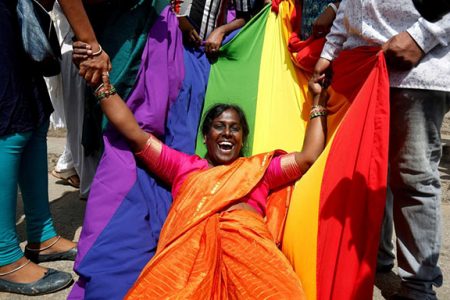 An activist of lesbian, gay, bisexual and transgender (LGBT) community celebrates after the Supreme Court’s verdict of decriminalizing gay sex and revocation of the Section 377 law, in Bengaluru, India, September 6, 2018. REUTERS/Abhishek N. Chinnappa