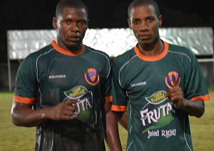 Fruta Conquerors goal scorers from left to right Domini Garnett and Anthony Abrams.