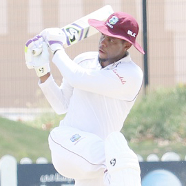  Left-hander Shimron Hetmyer plays through the onside during his top score of 60 in the West Indies practice game on Sunday. (Photo courtesy CWI Media)
