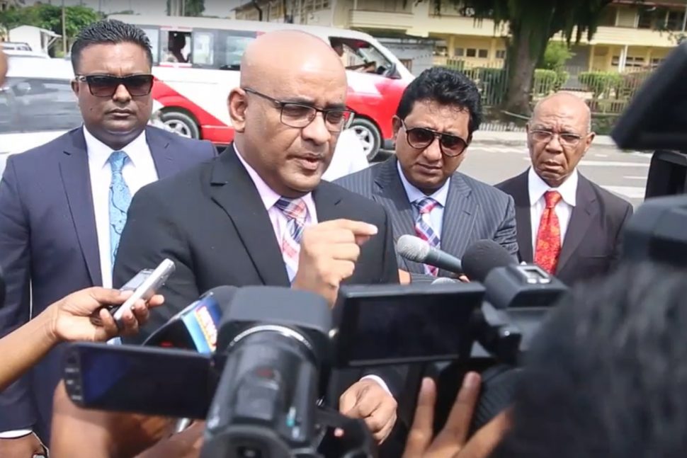 Bharrat Jagdeo speaking to the media shortly after his interview with SOCU investigators. 