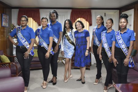 First Lady, Sandra Granger (fourth from right) with the reigning Lethem Queen, Aaliyah Anthony (fourth from left) and contestants of the 2018 pageant.      (Ministry of the Presidency photo)
