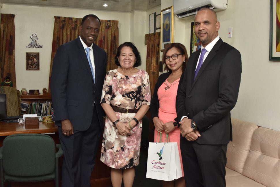 First Lady Sandra Granger (second from left) stands with  CAL’s Chief Executive Officer, Garvin Medera (right), CAL’s Senior Marketing Manager, Alicia Cabrera (second from right) and Interim General Manager, Georgetown, Carl Stuart following a meeting held at her office. (Ministry of the Presidency photo)