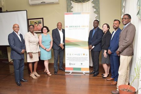Minister of Natural Resources, Raphael Trotman (fourth from left) and Officials of Conservation International Guyana (DPI photo)