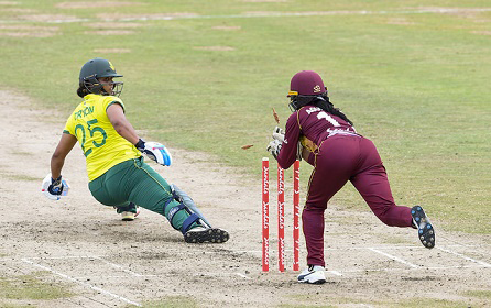  Merissa Aguilleira pulls off a quick stumping to send the dangerous captain Chloe Tryon on her way in yesterday’s opening Twenty20 International. (Photo courtesy CWI Media)