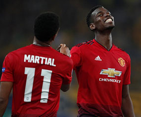 Manchester United’s Paul Pogba celebrates with Anthony Martial after the match Action Images via Reuters/Matthew Childs

