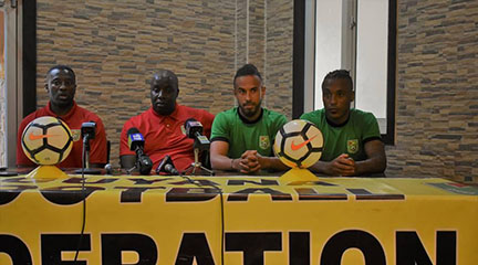 Jaguars Head-Coach Michael Johnson (left) addressing the media gathering during the pre-match press conference for their CONCACAF Nations League clash with Barbados. Also in the photo is Assistant Coach Paul Williams (2nd from left) and players Sam Cox (3rd from left) and Neil Danns.

