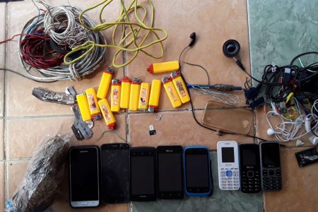 The prohibited items found in the New Amsterdam Prison yesterday (Photo courtesy of the Guyana Police Force)
