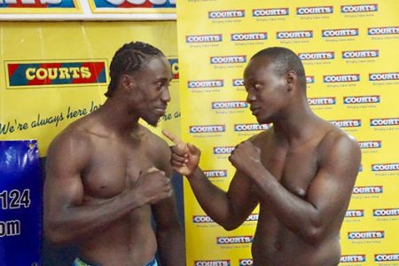 After the weigh-in, Keithland King (left) and Derick Richmond threw verbal jabs ahead of tonight’s main event match up at the Cliff Anderson Sports Hall. Bell time is 20:00hrs. Admission is $1000 for stands and $2000 for ring side