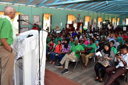President David Granger addressing residents of Sisters Village, East Bank Berbice yesterday. (Ministry of the Presidency photo)
