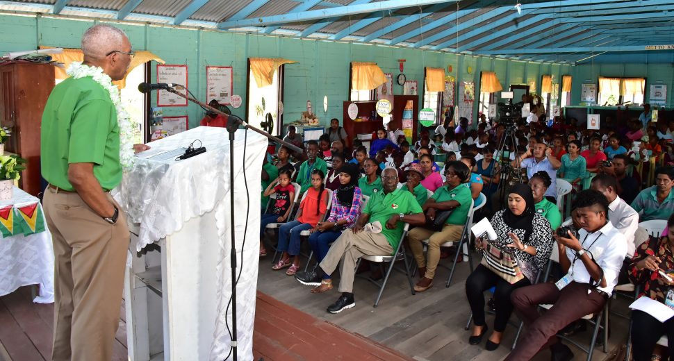 President David Granger addressing residents of Sisters Village, East Bank Berbice yesterday. (Ministry of the Presidency photo)
