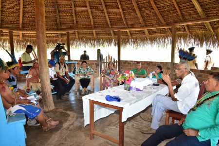 President David Granger (second from right) addresses Toshaos of the South Rupununi after hearing their concerns on a number of issues. (Ministry of the Presidency photo)