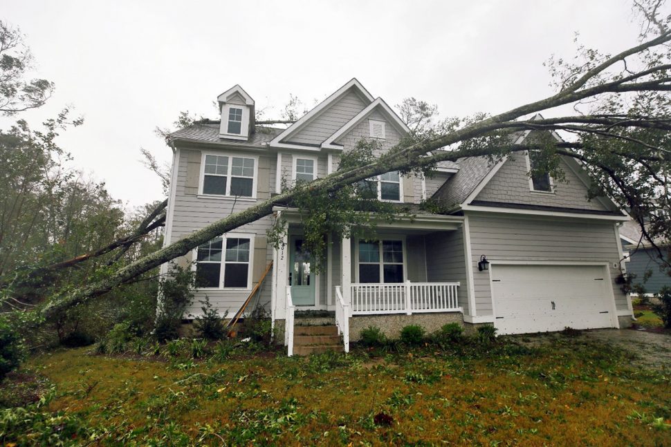 A tree rests on a newly-constructed house in Belville, North Carolina in the aftermath of Hurricane Florence. (Reuters/Jonathan Drake)
