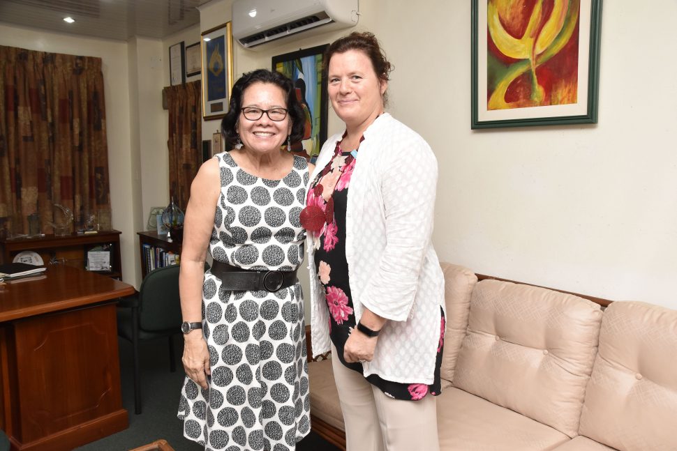 First Lady, Sandra Granger (left) and UNICEF Resident Representative to Guyana, Sylvie Fouet after the meeting. (Ministry of the Presidency photo)