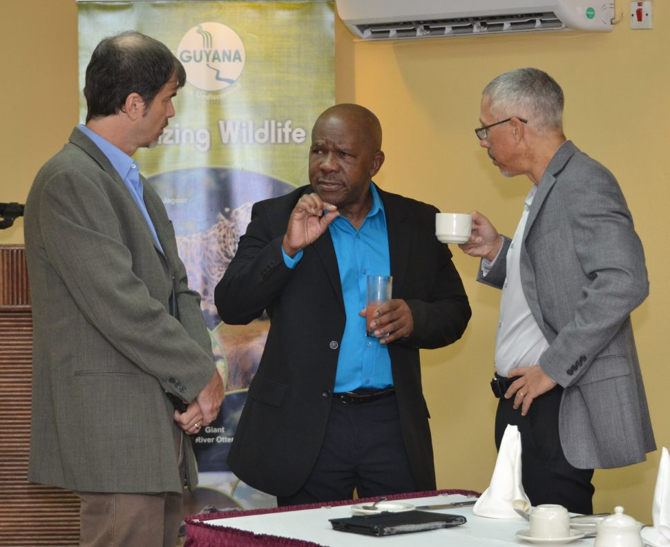 From left are Director of the Guyana Tourism Authority, Brian Mullis, Director General of the Department of Tourism Donald Sinclair and Minister of Business Dominic Gaskin at the forum. (DPI photo)
