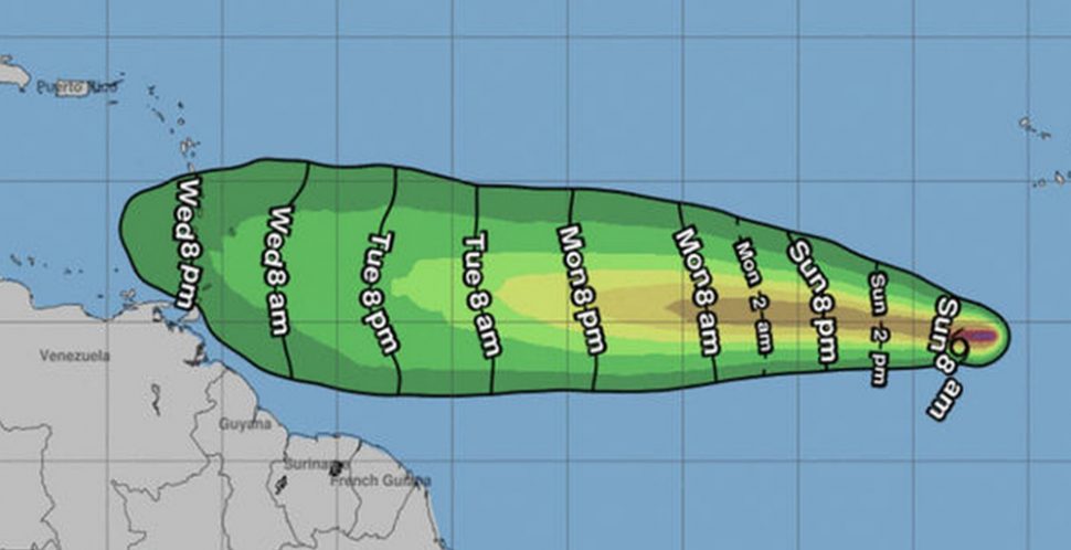 This photo released by the National Hurricane Centre shows the projected pathway of Tropical Storm Kirk should it gain momentum and become stronger over the next couple days. T&T is in the danger zone should that occur.