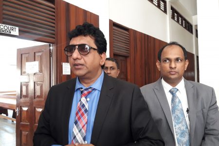 Attorneys Anil Nandlall (at left) and Adrian Anamayah at the High Court in Berbice yesterday