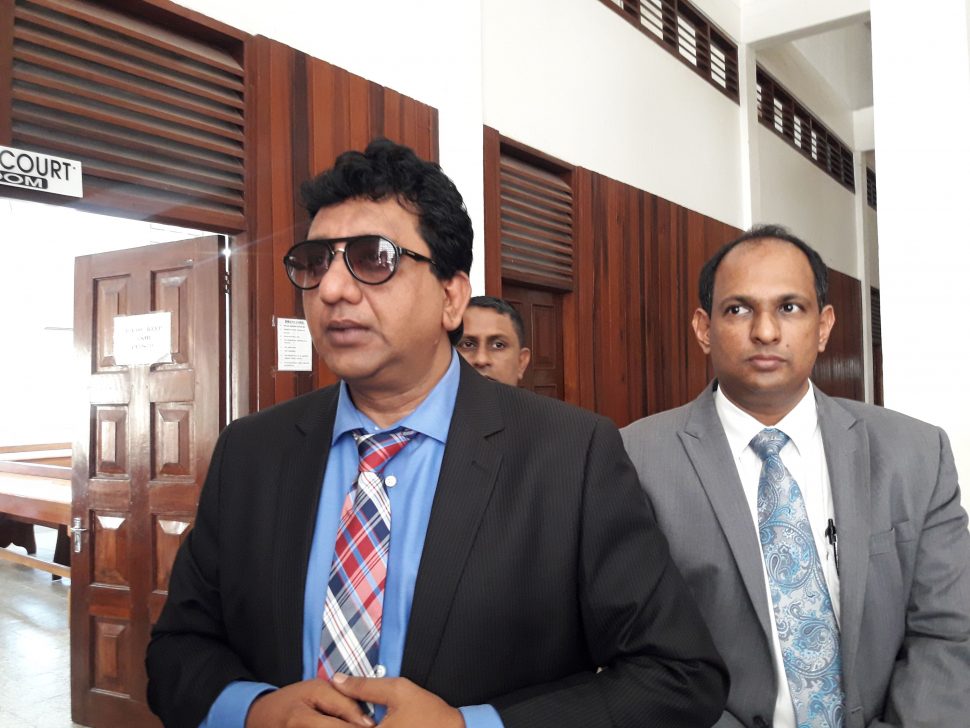Attorneys Anil Nandlall (at left) and Adrian Anamayah at the High Court in Berbice yesterday