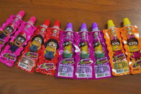 The CiCi liquid fruit candy comes in colourful packages featuring minions, the fictional yellow creatures that appear in the popular 'Despicable Me' movie franchise.