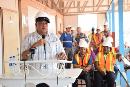  Natural Resources Raphael Trotman addressing BCGI workers in April on sanctions against Rusal (DPI photo)