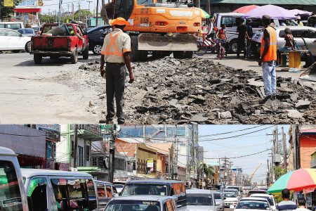 The start of road maintenance works along Alexander Street, which necessitated its closure between South Road and North Road, in Georgetown, resulted in severe traffic congestion along adjoining streets, particularly during rush hour yesterday. (Photos by Terrence Thompson)