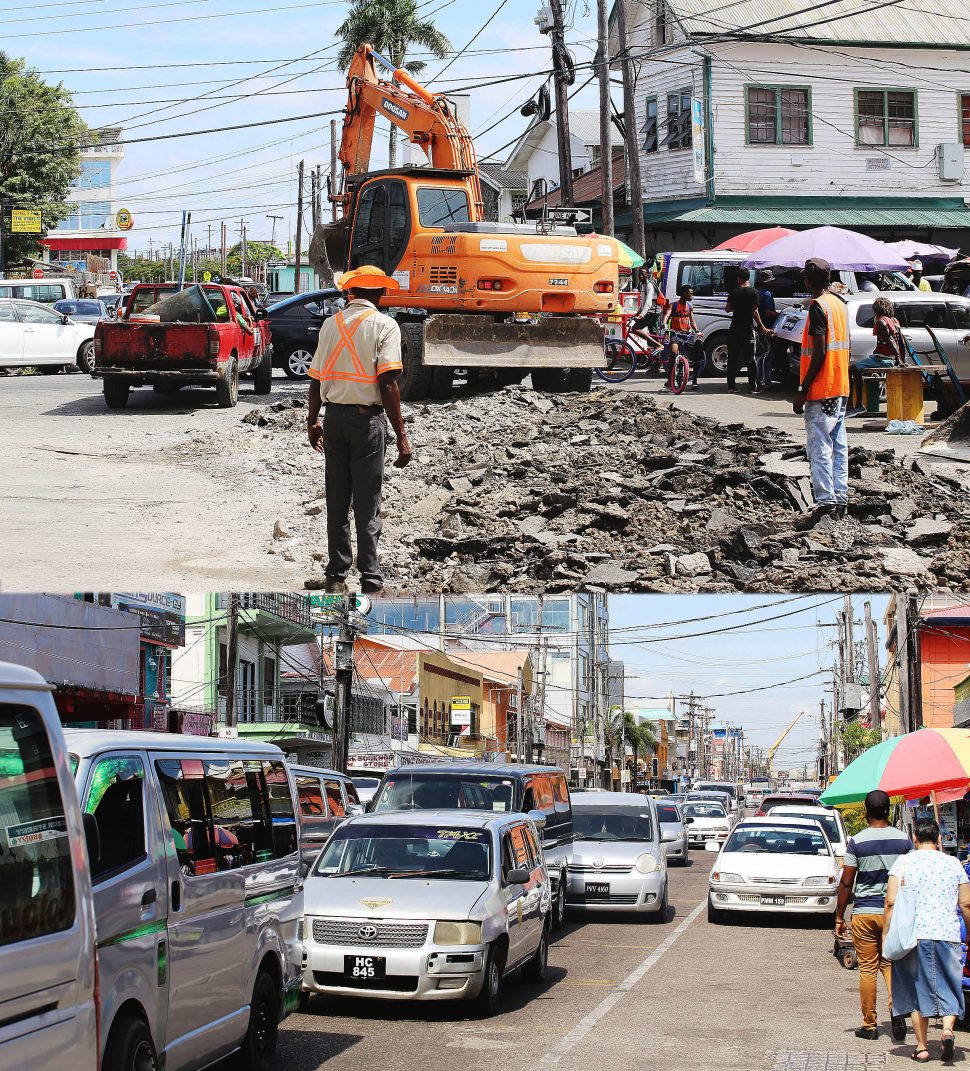 The start of road maintenance works along Alexander Street, which necessitated its closure between South Road and North Road, in Georgetown, resulted in severe traffic congestion along adjoining streets, particularly during rush hour yesterday. (Photos by Terrence Thompson)