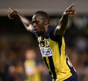  Usain Bolt celebrates after scoring for Australian outfit, Central Coast Mariners
