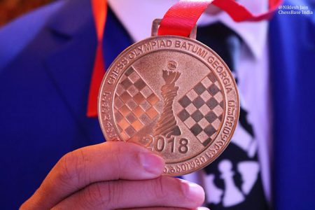 The gold medal which was offered at the 43rd Chess Olympiad in Batumi, Georgia. China won two in the overall men and women categories. The country also won two individual gold medals for outstanding personal performances in the two categories. (Photo: Nicklesh Jain)