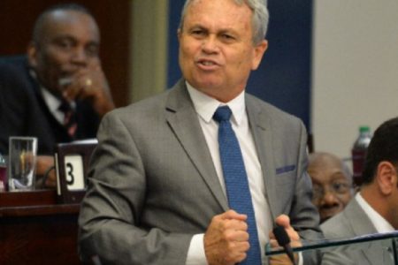 Finance Minister Colm Imbert makes a point during his presentation of the 2018/2019 Budget in Parliament on Monday.