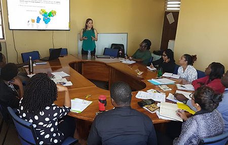 Roche’s Costa Rican Based Expert on Regulatory Affairs Maria Jose Meness Jimenez (standing) engaging staff of the Government Analyst –Food and Drug Department (GA-FDD) during the workshop.