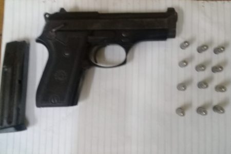 A dog food vendor, of ‘E’ Field, Sophia, was arrested yesterday after police discovered an unlicensed .32 Taurus pistol with 12 live matching rounds in his possession. Police, in a statement, yesterday said the gun and ammunition in the picture were found at about 10.45 am after ranks raided the ‘E’ Field home. The 25-year-old man is currently being processed for the court. 