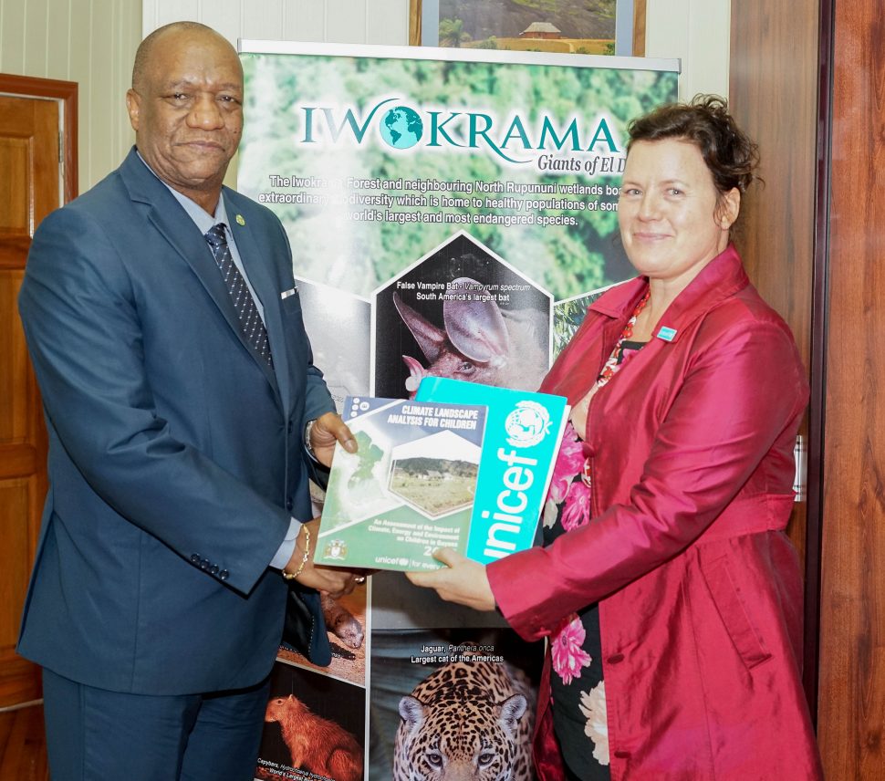 Minister of State, Joseph Harmon (left), yesterday, received the first Climate Landscape Analysis for Children (CLAC) to be presented in the South American Region from the United Nations Children’s Fund (UNICEF). 

The Department of Public Information said that the report which was presented by UNICEF’s Representative to Guyana, Sylvie Fouet, is an assessment of the impact climate, energy and the environment have on Guyanese children.  

Fouet said environmental awareness among youth is very important and she hopes that there would be continued consultations with the youth on the subject. 

“What I like the most is that we have been supported by the Office of Climate Change (OCC) and more than twenty-one agencies in Guyana opened their doors [to us] … so it is a very comprehensive review, “ Fouet said of the analysis while committing to strengthening UNICEF’s relationship with the OCC and other stakeholders. (DPI photo)