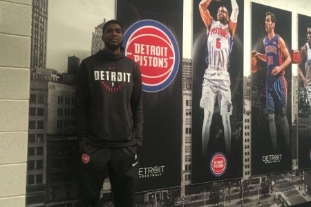 Johnny Hamilton of Rio Claro poses outside of the Detroit Pistons locker room on Monday at Little Caesars Arena in downtown Detroit. Hamilton began training camp on Tuesday with the Pistons in Ann Arbor, Michigan at the University of Michigan.