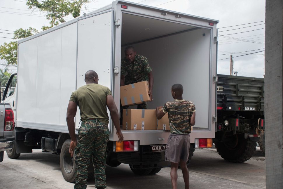 Hampers being packed for Venezuelans in Region One (DPI photo)