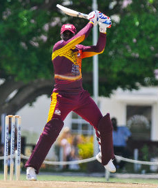  Captain Devon Thomas cuts en route to his top score of 44 for Leeward Islands Hurricanes yesterday. (Photo courtesy CWI Media)
