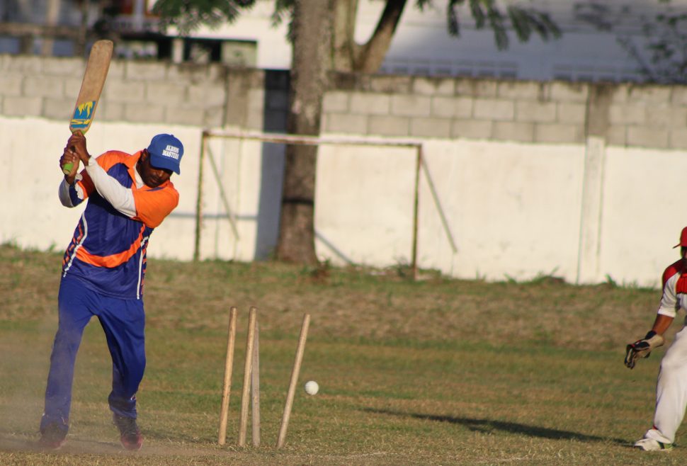 Action in the Guyana Softball Cup 8 between Ontario Masters and Albion at DCC yesterday (Royston Alkins photo) 
